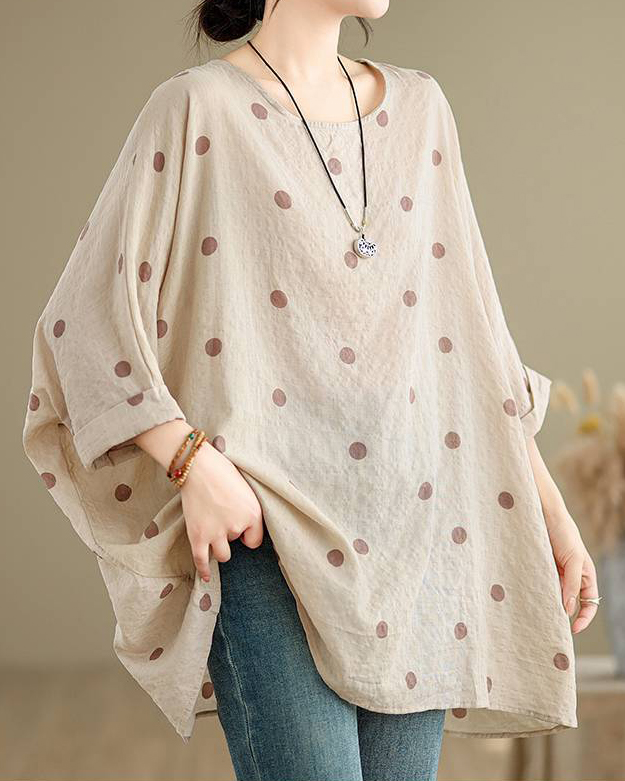 Polka Dot Half Length Sleeve Asymmetric Hem Oversize Top