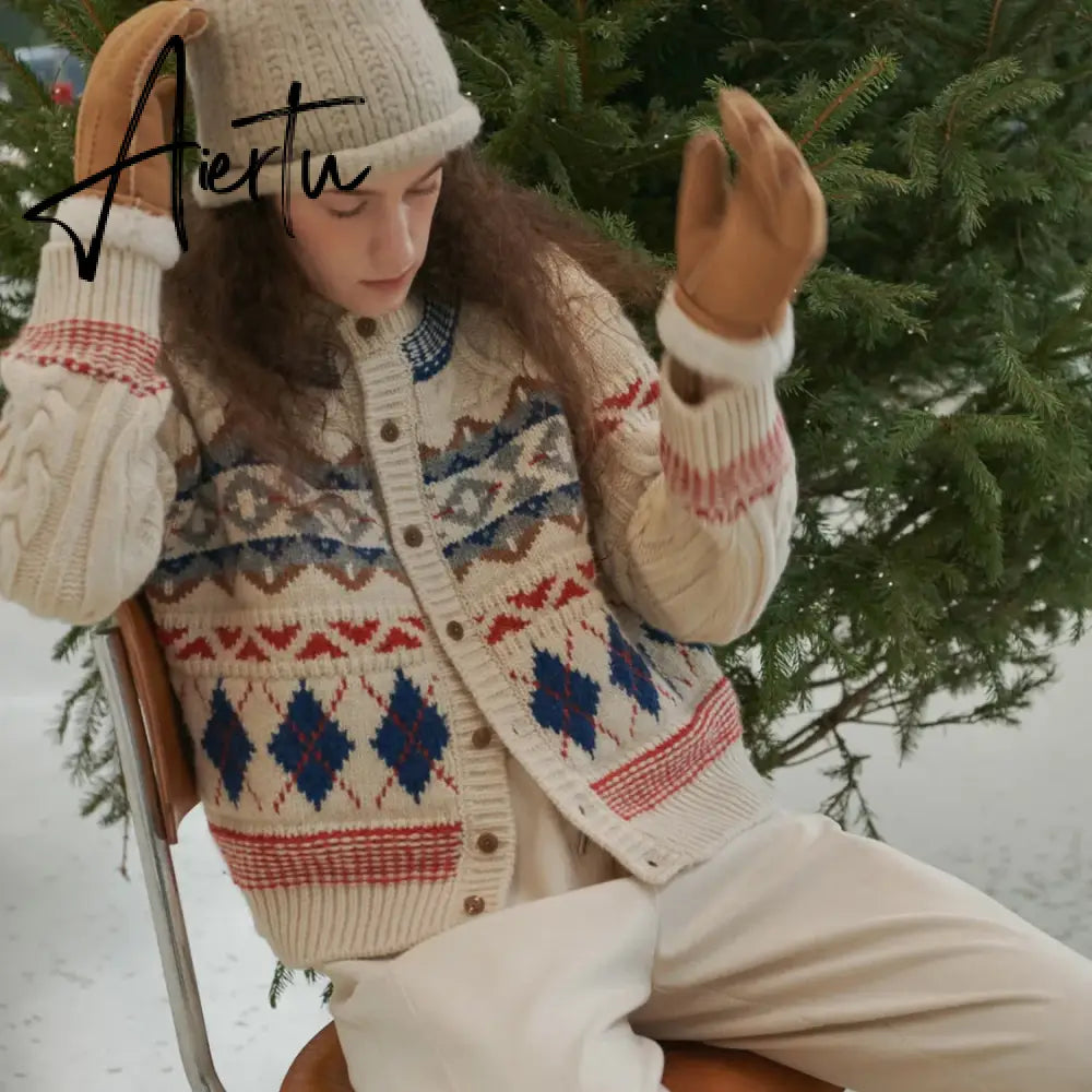 Korobov Vintage Christmas Sweater Thick Knitted Twisted Floral Contrast Color Cardigan Diamond Check Loose Crewneck Y2k Tops New Year Aiertu