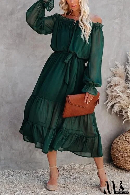MidiSono - Layer Ruffles Off Shoulder Belted Maxi Dress