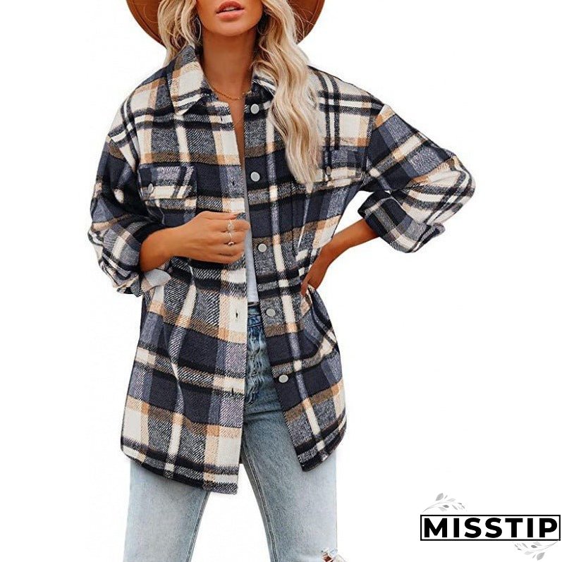 Women's Long Sleeve Loose Plaid Shirt Woolen Coats