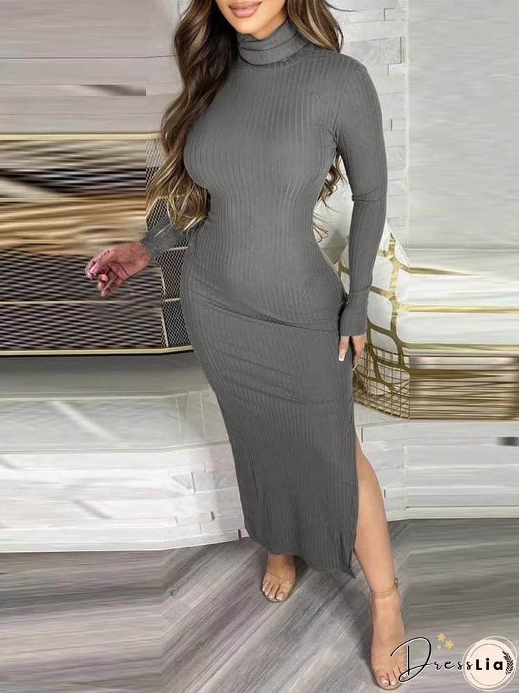 Women's Dresses High Collar Long Sleeve Slit Dress