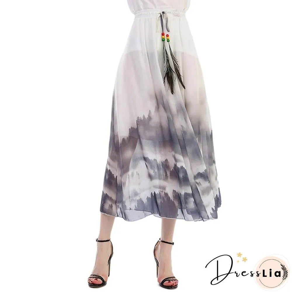 Summer Bohemian Long Skirt Chiffon Elegant Print Casual Skirts