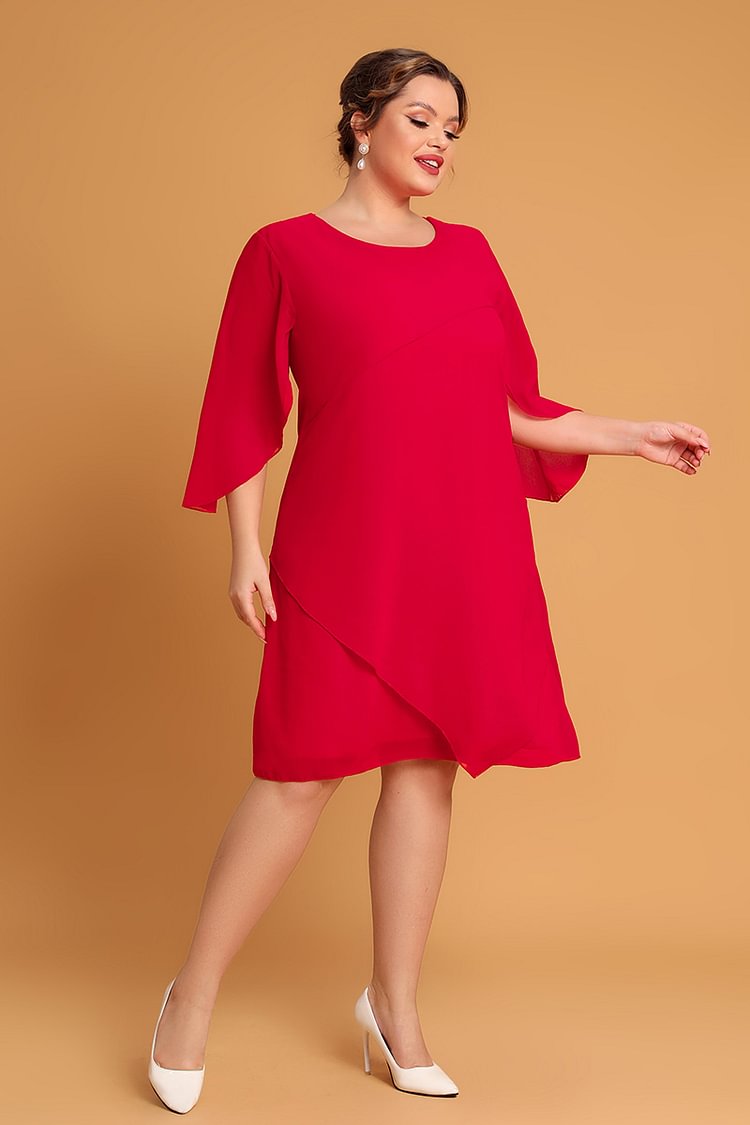 Flycurvy Plus Size Mother Of The Bride Red Chiffon Asymmetric Sleeve Layered Midi Dress  flycurvy [product_label]
