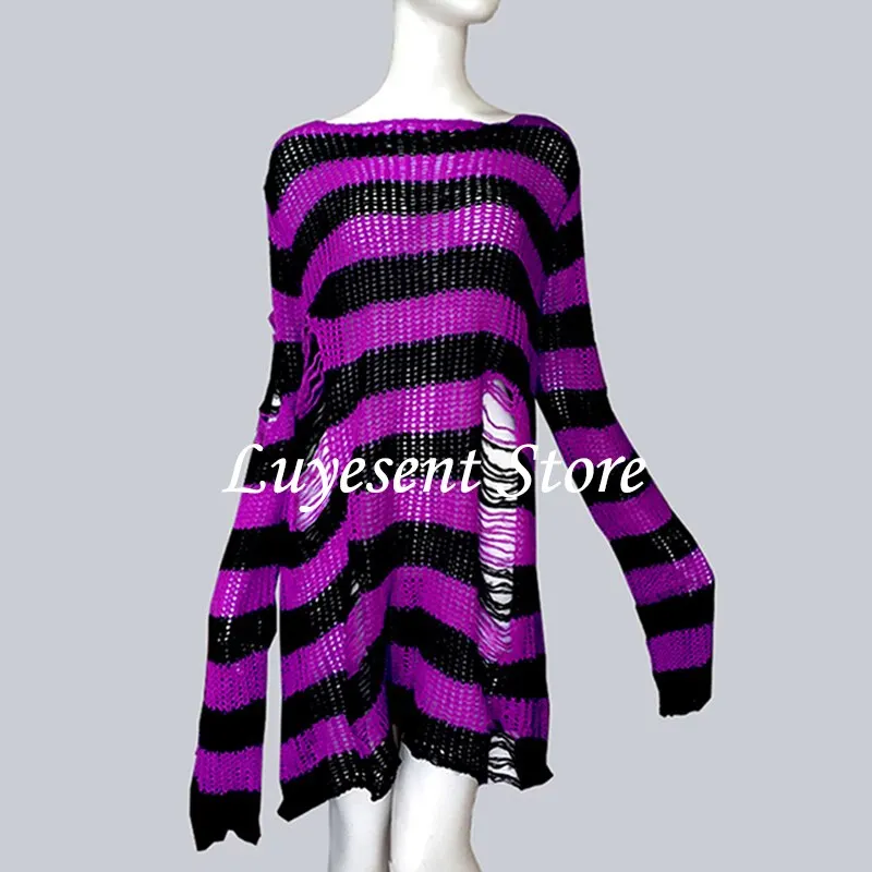 Plus Size Punk Gothic Long Unisex Sweater Dress Women Man Striped Cool Hollow Out Hole Broken Jumper Loose Rock Thin Sweter 2021