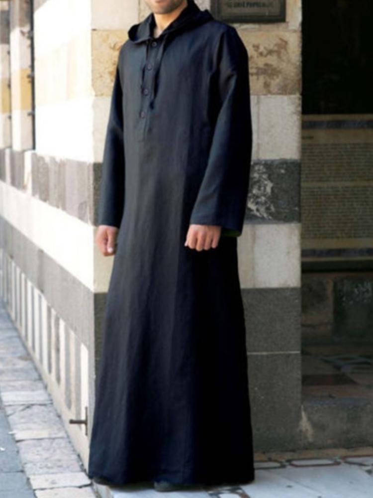 Men's Simple Long Sleeve Hooded Shirt Kaftan