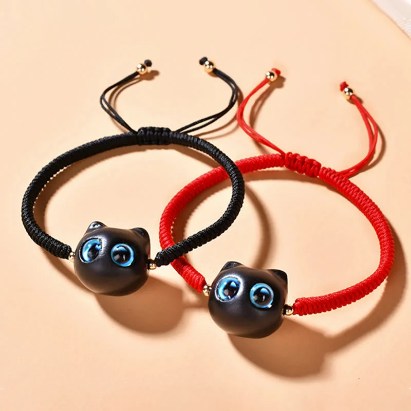 Ebony Wood Cat Head Pattern Peace King Kong Knot Braided Bracelet