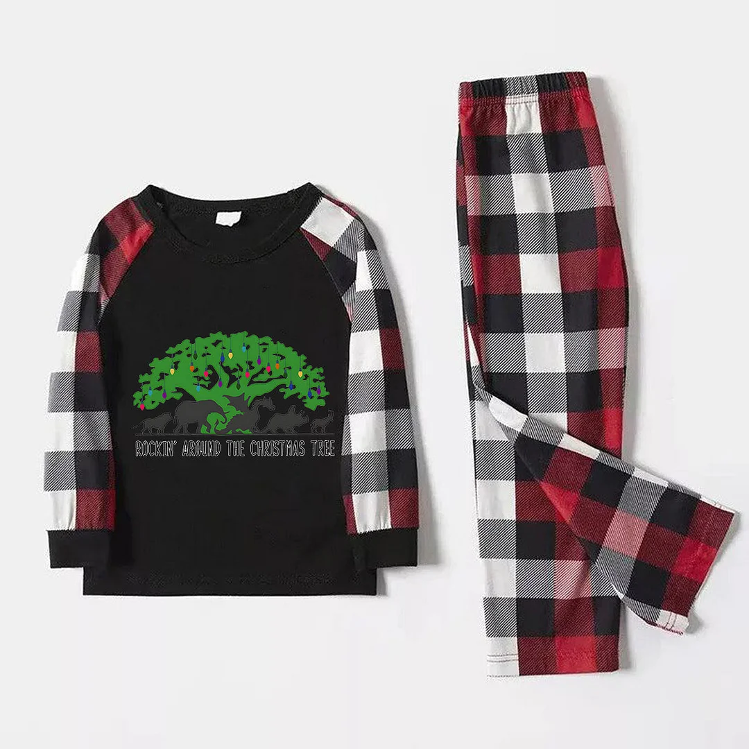 Family Christmas Shirts Christmas Tree Animal Kingdom Animal Kingdom Patterned and 'ROCKIN AROUND THE CHRISTMAS TREE' Letter Print Contrast Tops and Red & Black & White Plaid Pants Family Matching Pajamas Set With Dog Bandana