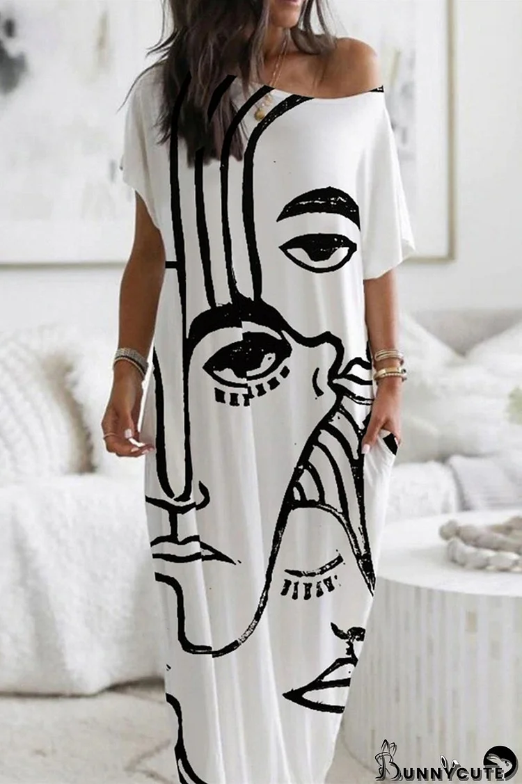 White Fashion Casual Print Basic O Neck Long Dress