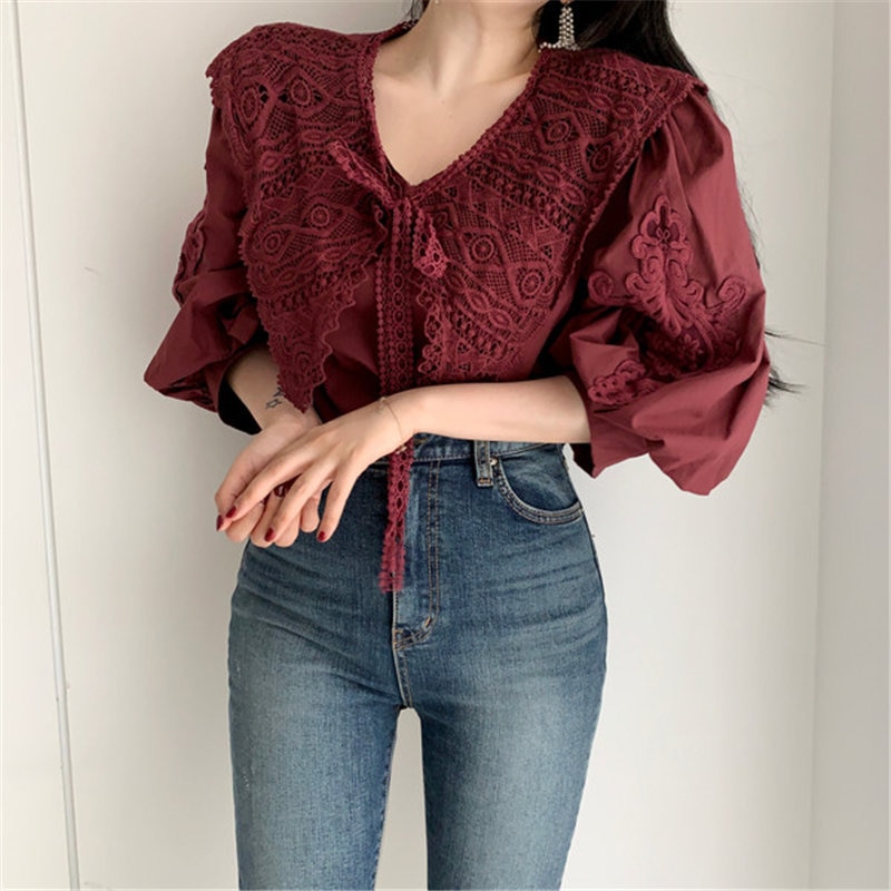 Lady Embroidery Lace-Up Puff-Sleeved Simple High Waist Loose Shirts