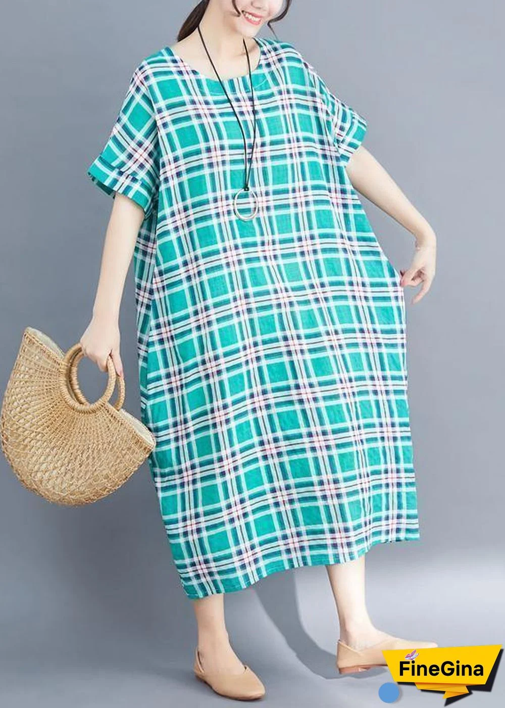 Natural green cotton clothes Sleeve plaid Plus Size Clothing summer Dress