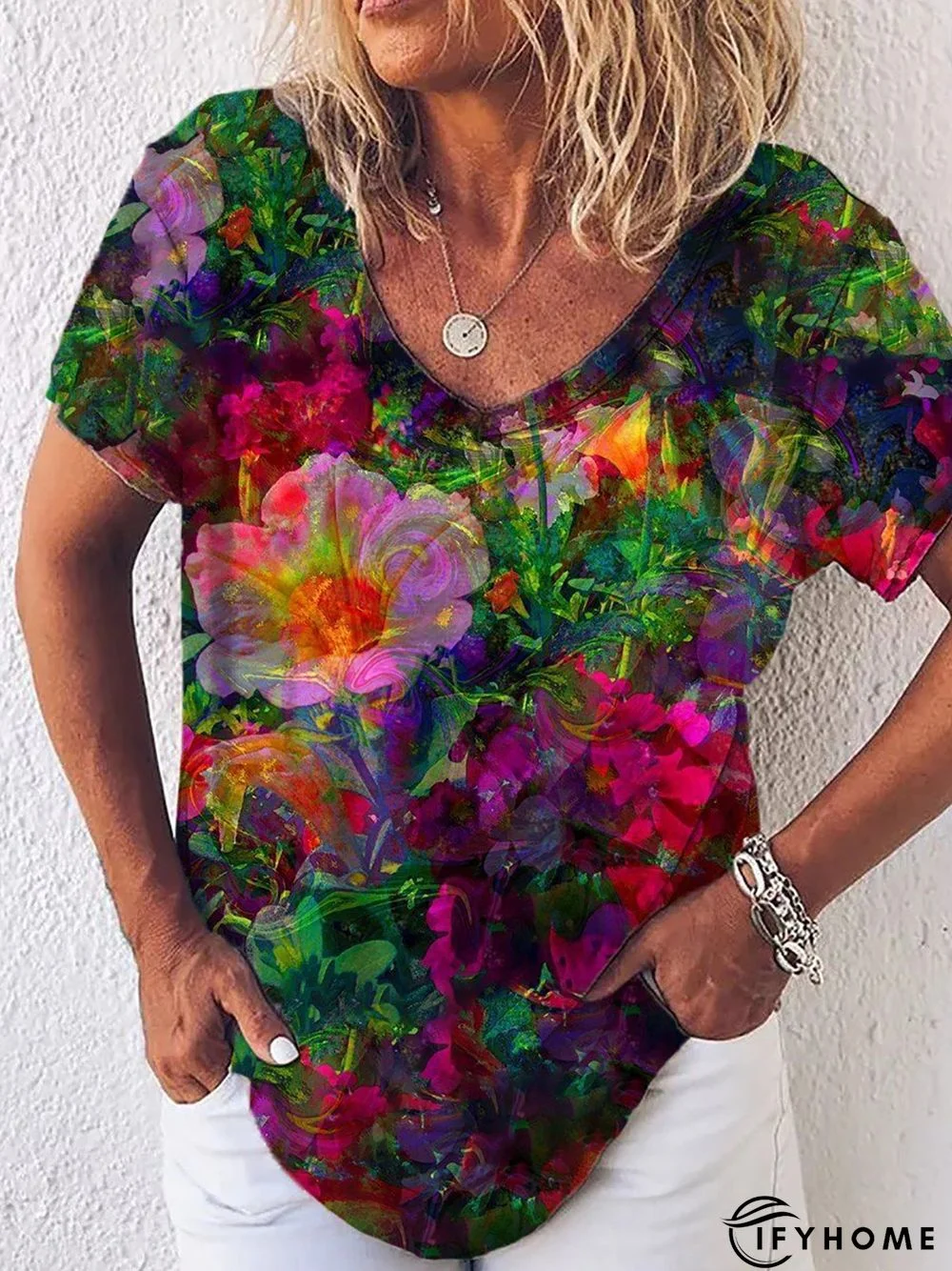 Women's Summer V-Neck Short Sleeve Floral-Print T-Shirts | IFYHOME