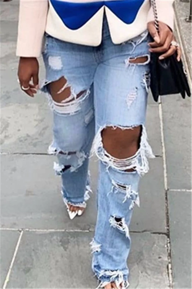 Fashion Casual Elastic Hollow Jeans