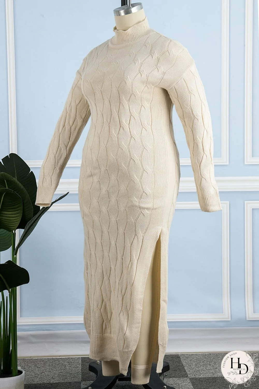 Apricot Casual Slit Mandarin Collar Dresses