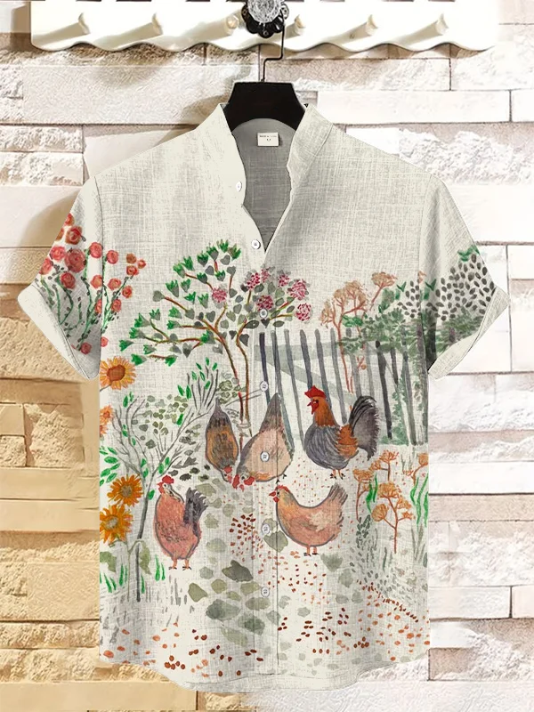 Men's Chicken Cottage Core Watercolor Art Print Casual Shirt