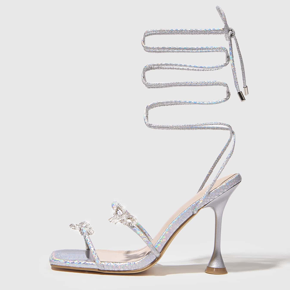 White Square Toe 3'' Stiletto Heel Lace Up Sandals with Rhinestone Nicepairs