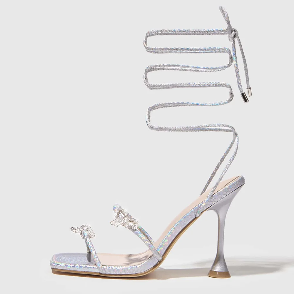Shiny Silver  Opened Square Toe Sandals With Rhinestone Bows Decorations Lace Up Cross Strappy Stiletto Heels Nicepairs