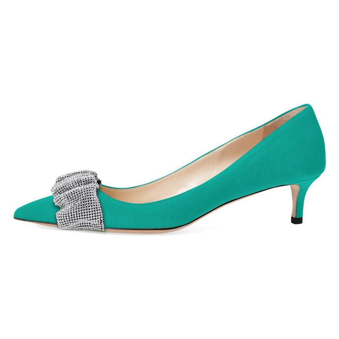 Turquoise Vegan Suede Pointed Rhinestone Embellished Pumps for Women