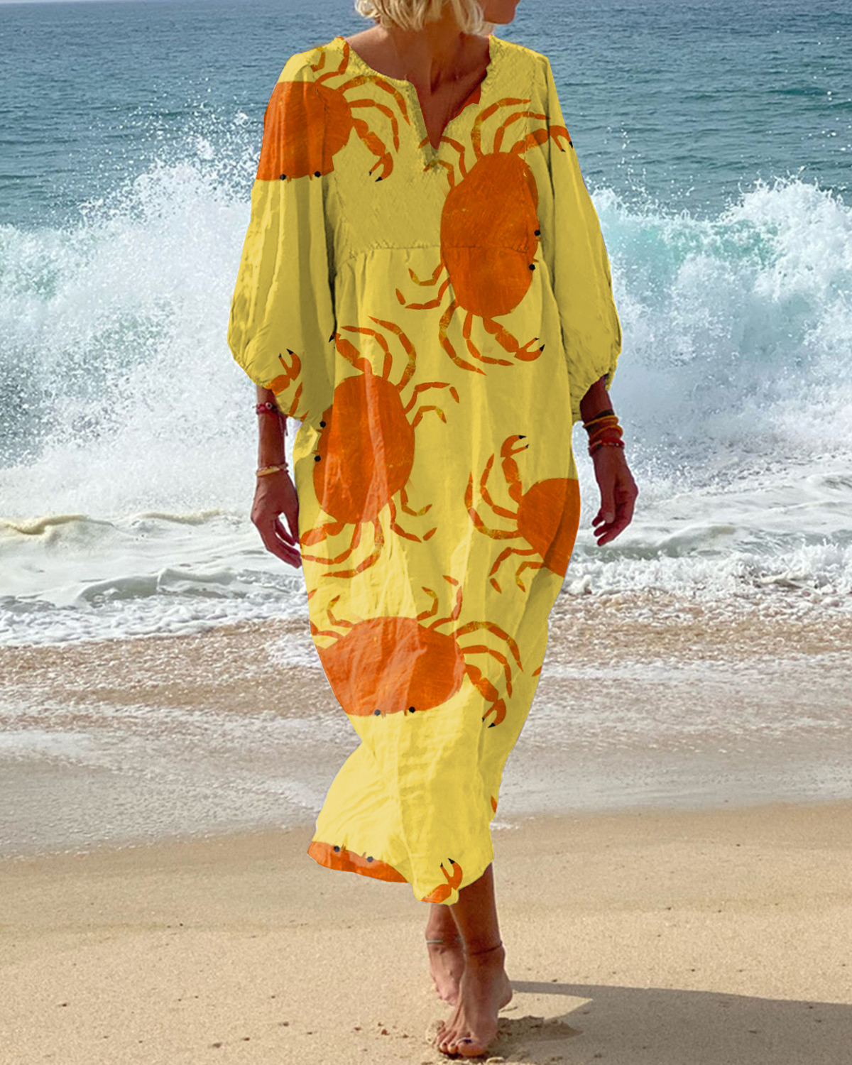 Vacation Ocean Crab Art Print V-Neck Loose Dress