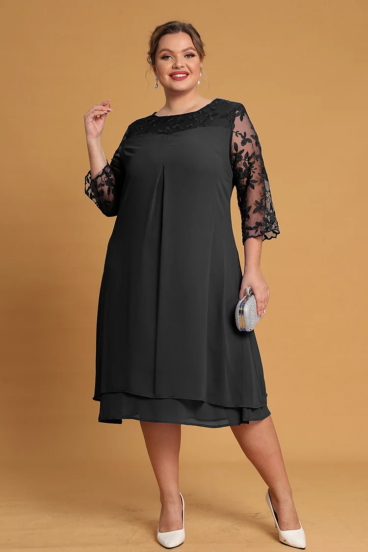 Flycurvy Plus Size Mother Of The Bride Wine Red 3/4 Sleeve Mesh Embroidery Layered Midi Dresses FlyCurvy Flycurvy [product_label]
