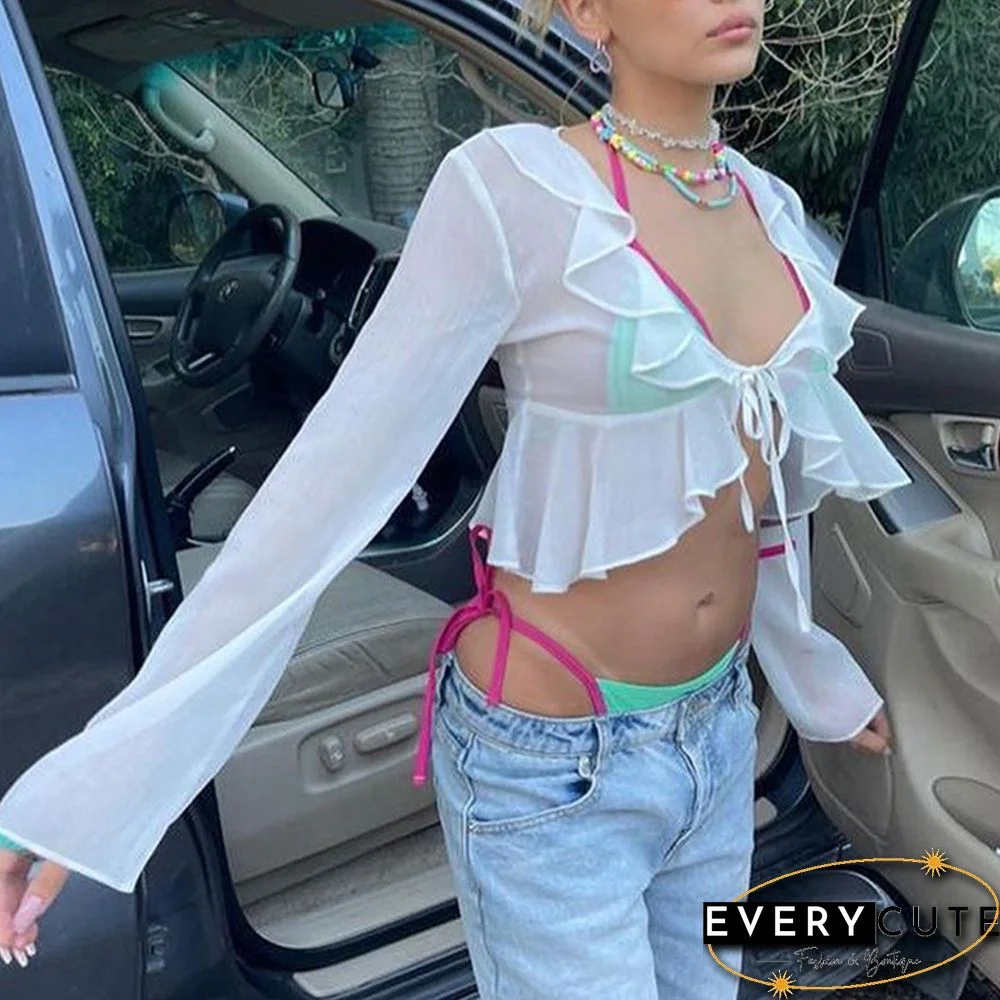 White Ruffle V Neck Lace-up Long Sleeve Crop Tops