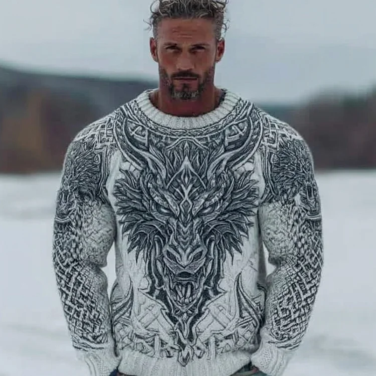 Men's Celtic Style Dragon Crew Neck Knit Sweater