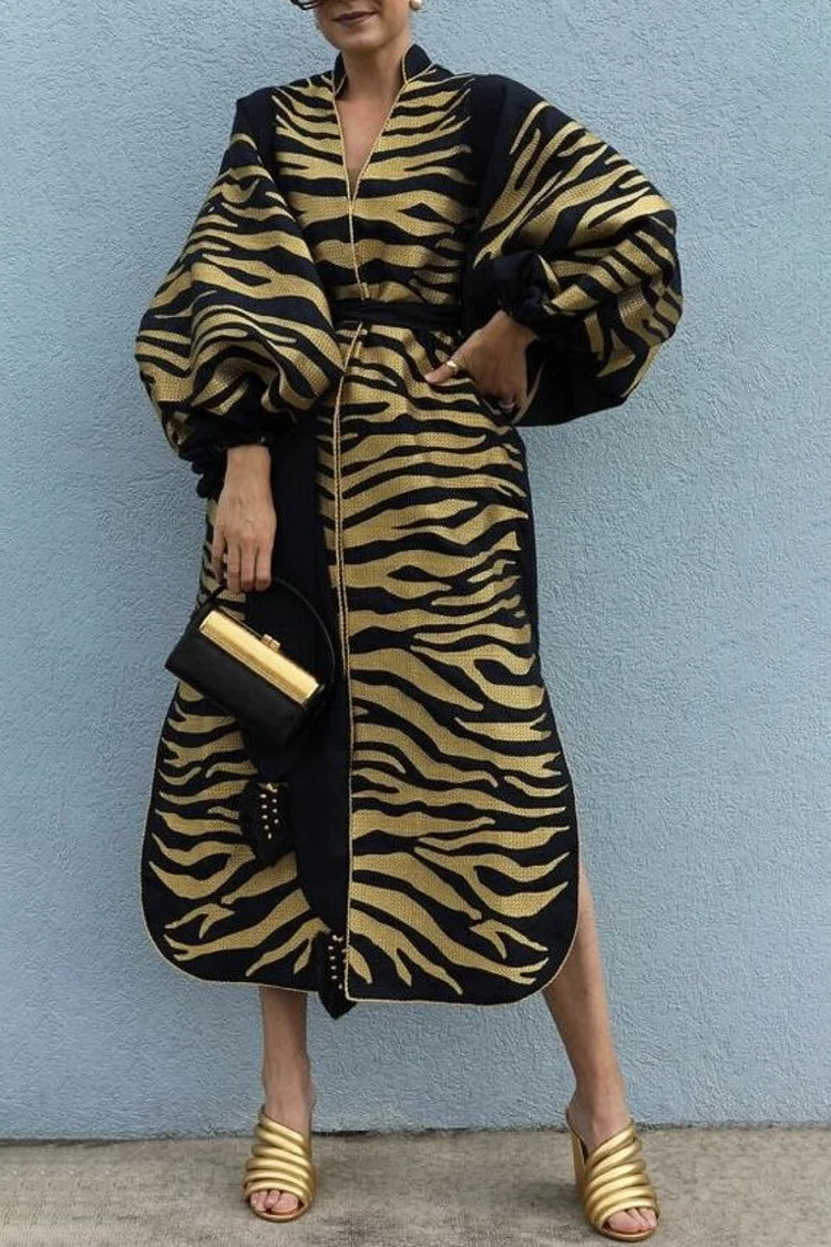 Plus Size Semi Formal Gold Zebra Print V Neck Lantern Sleeve Long Sleeve Pocket Elegant Split Maxi Dresses [Pre-Order] 2024 - Xpluswear