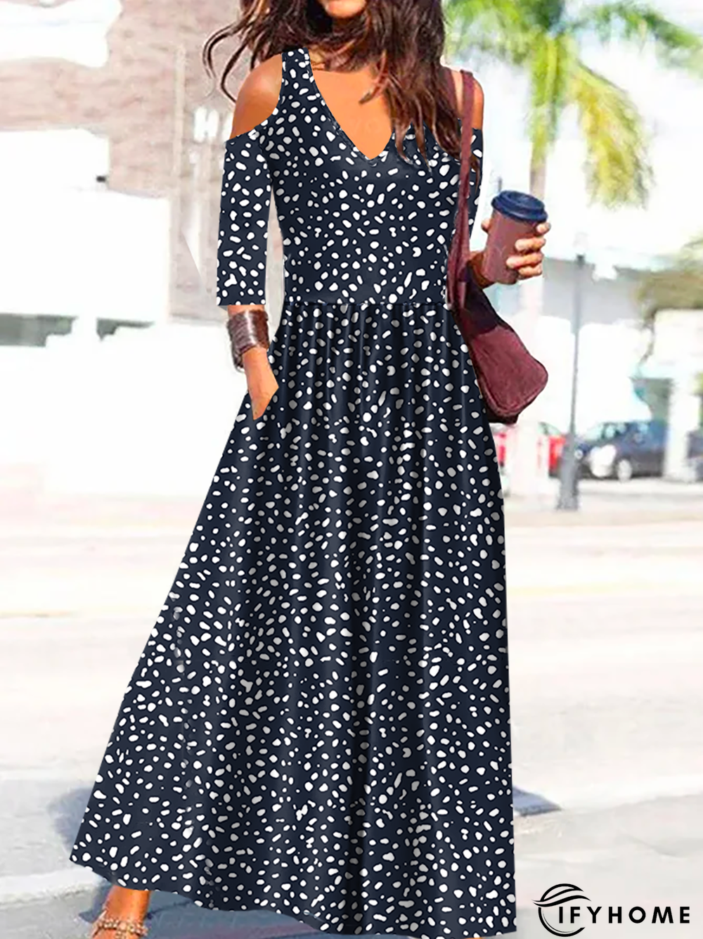 Women's A Line Dress Maxi long Dress Long Sleeve Polka Dot Cold Shoulder Print Fall Spring V Neck Elegant Casual Vacation | IFYHOME