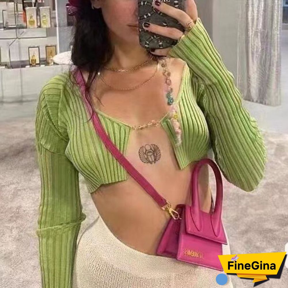 Y2k Crop Tops Women Knitted Long Sleeve Tshirt Skinny Party Clubwear Outfits Korean Fashion Cardigan Clothes