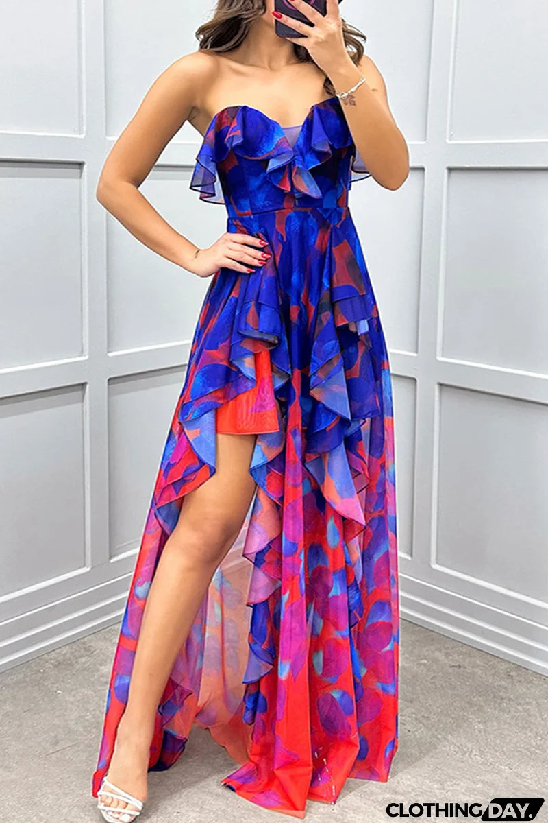 Sexy Gradient Print Ruffle Slit Strapless Irregular Dresses(3 Colors)