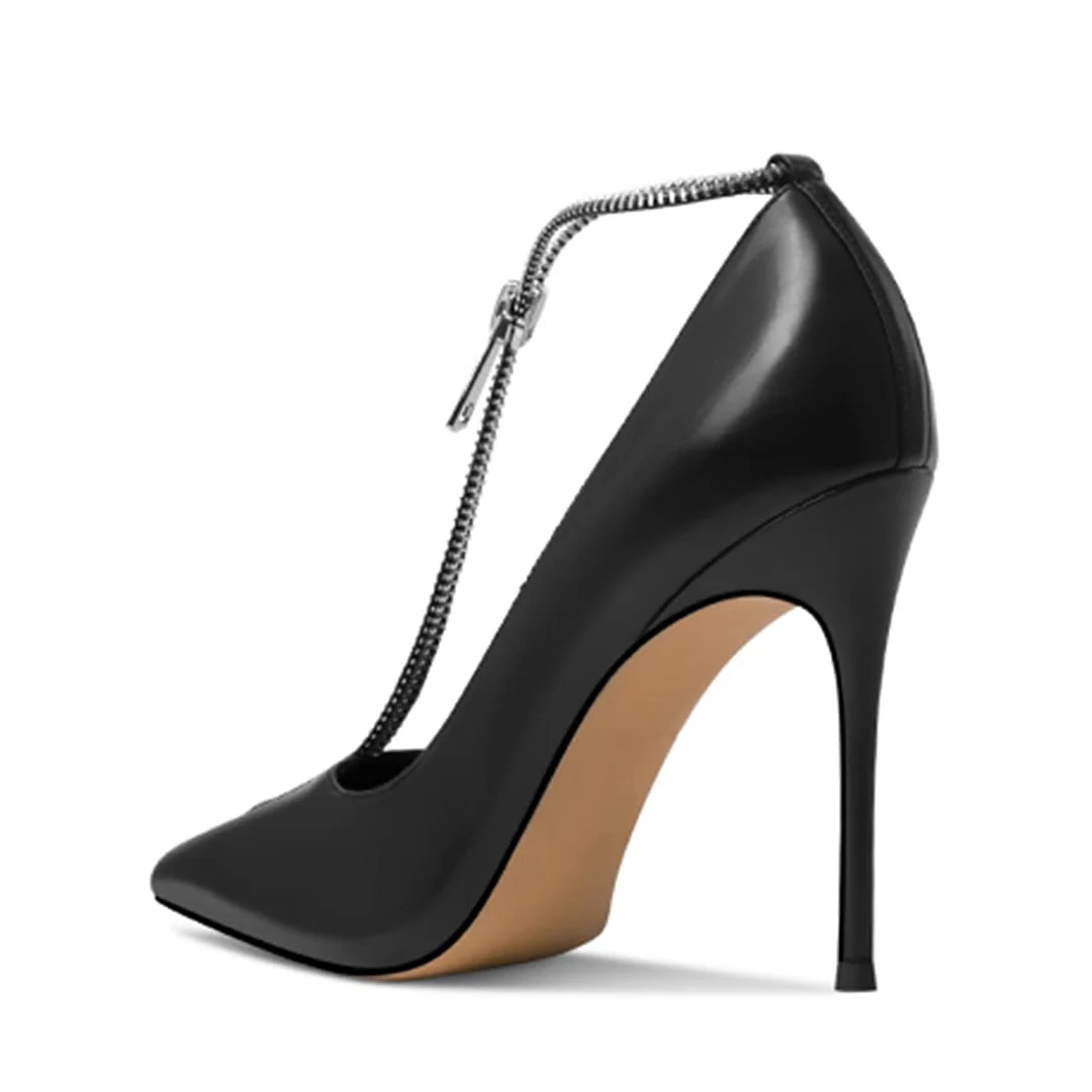 Black Pointed Toe Stiletto Heel Zipper T-Strap Pumps for Women