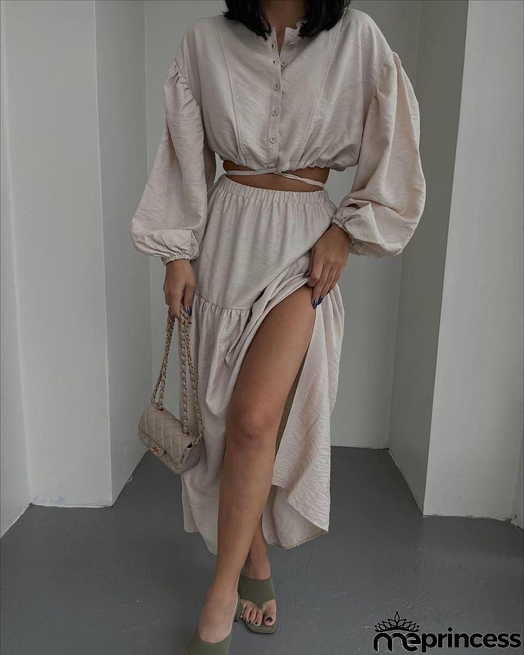 Women Fashion Solid Color Long Sleeve Crop Top Skirt Two-Piece Set