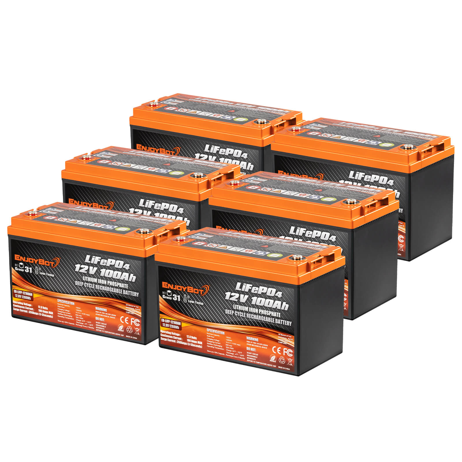 72V 100Ah Enjoybot LiFePO4 Lithium Golf Cart Battery Set - 6 Batteries