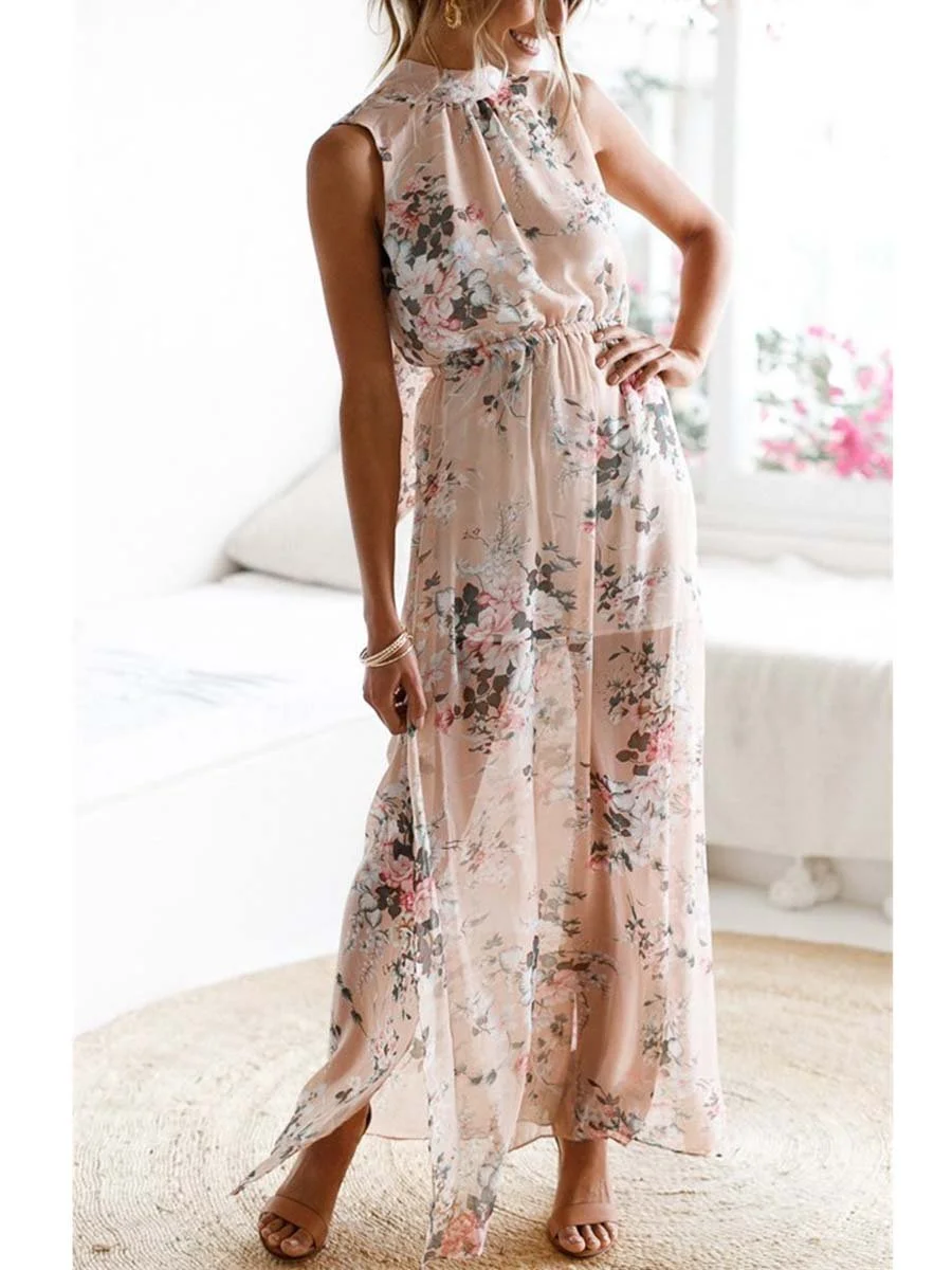 Stand Collar Sleeveless Chiffon Floral Dress