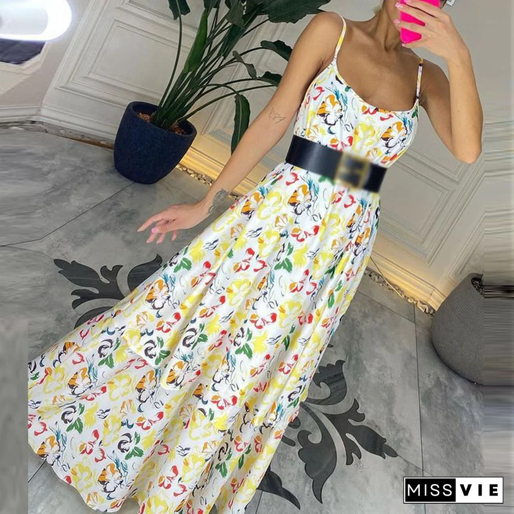 Summer Sexy Boho Print Sling Loose Dress Women Casual Beach Sleeveless Maxi Dresses New Harajuku Pattern Retro Party Dress