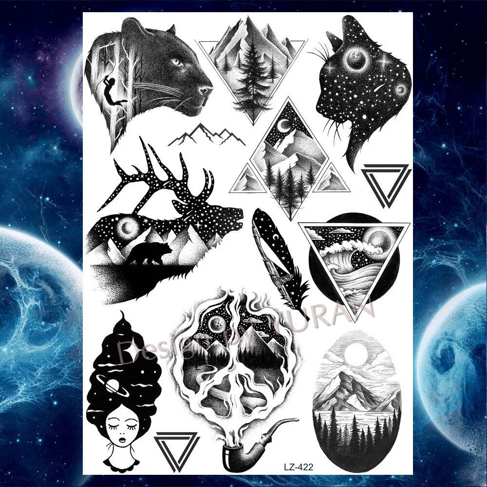 Tribal Forest Animals Black Galaxy Triangle Wolf Animals Temporary Tattoo Stickers Women Men Deer Tatoo Waterproof Arm Tattoos