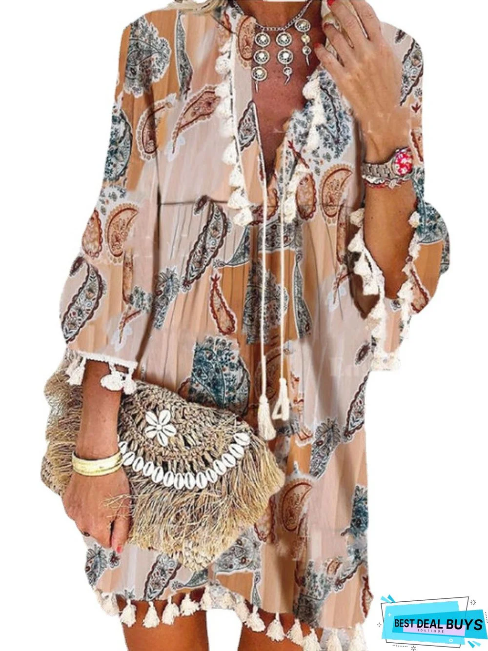 Printed V-Neck Pink Pullover Quality Commuter Tassel Dress