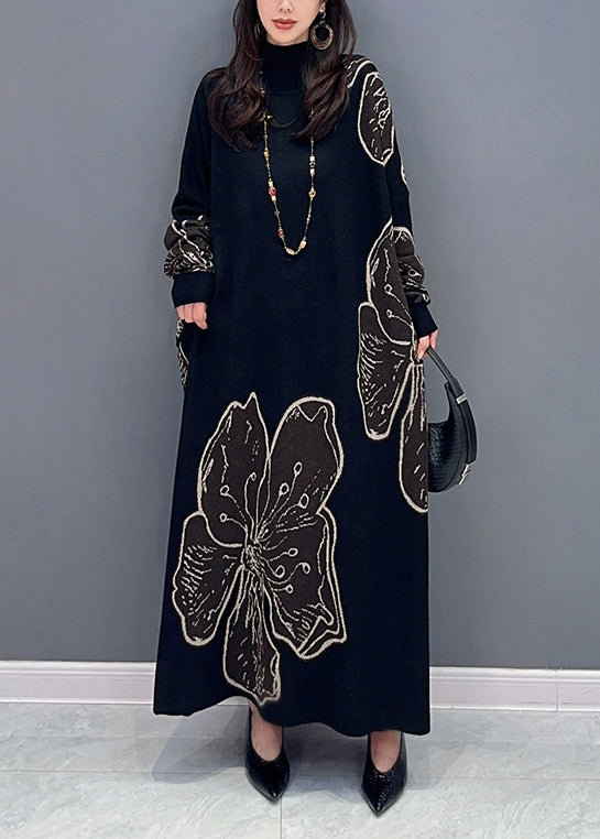 VCSHOES Loose Black Turtleneck Print Patchwork Cotton Knit Long Dresses Fall