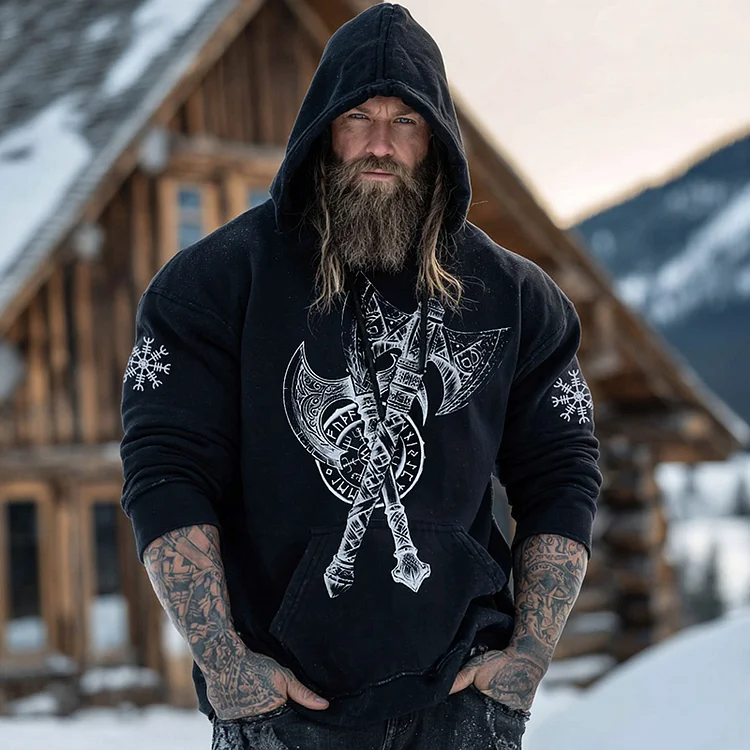 Men's Retro Viking Vegvisir With Axe Print Graphic Hoodie
