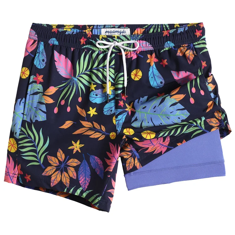 5.5 Inseam 2 in 1 Stretch Short Liner Tropical Printed Swim Shorts