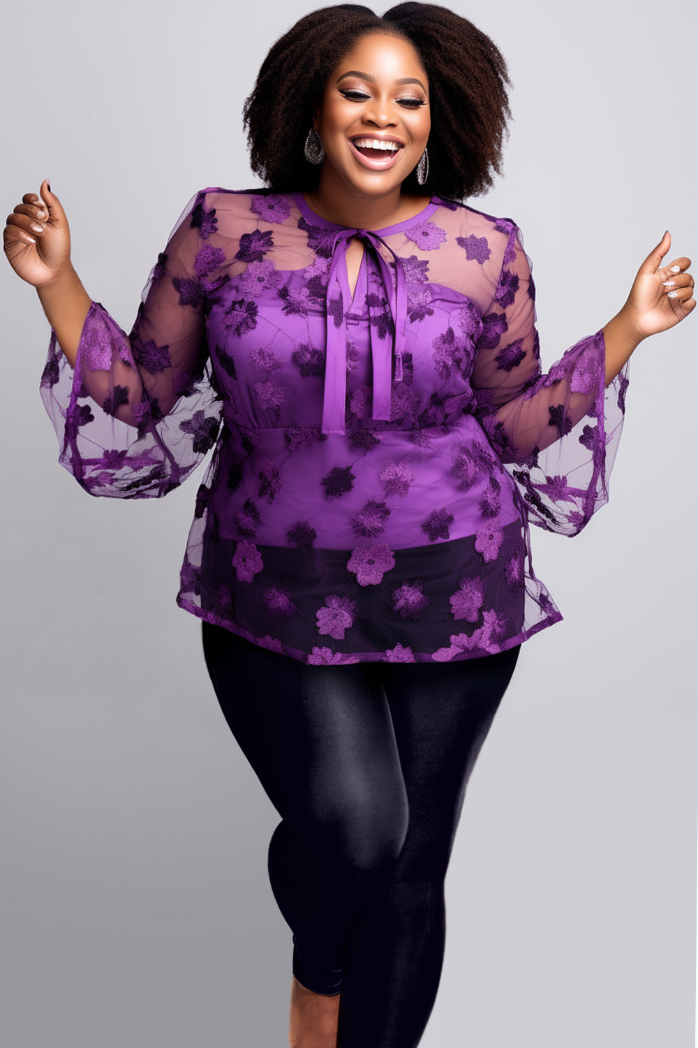 Design Plus Size Semi Formal Purple All Over Print Spring Summer Round Neck Flare Long Sleeve See Through Mesh Blouses [Pre-Order]