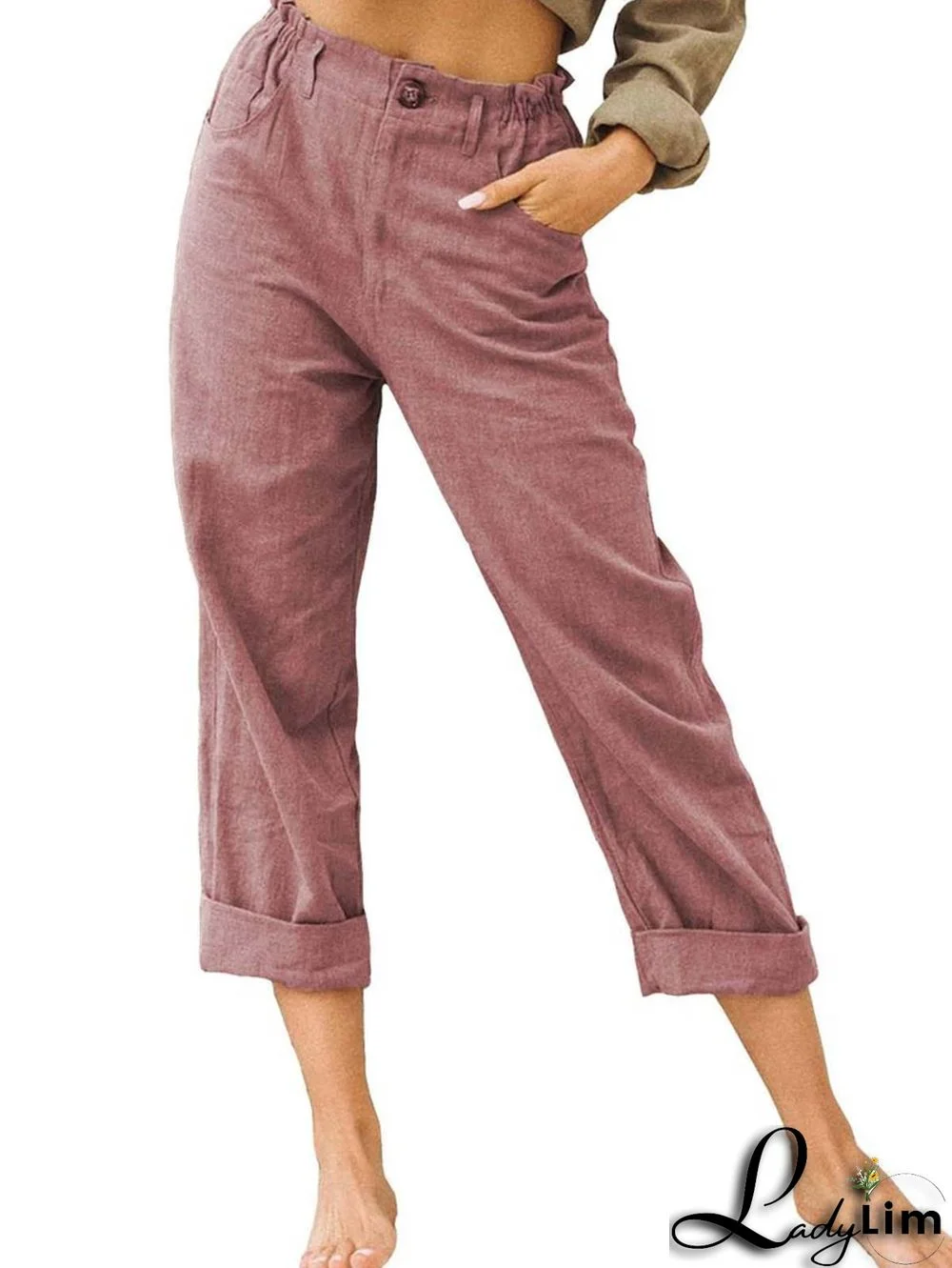 Plus Size Cotton Linen Solid Pocket Pants