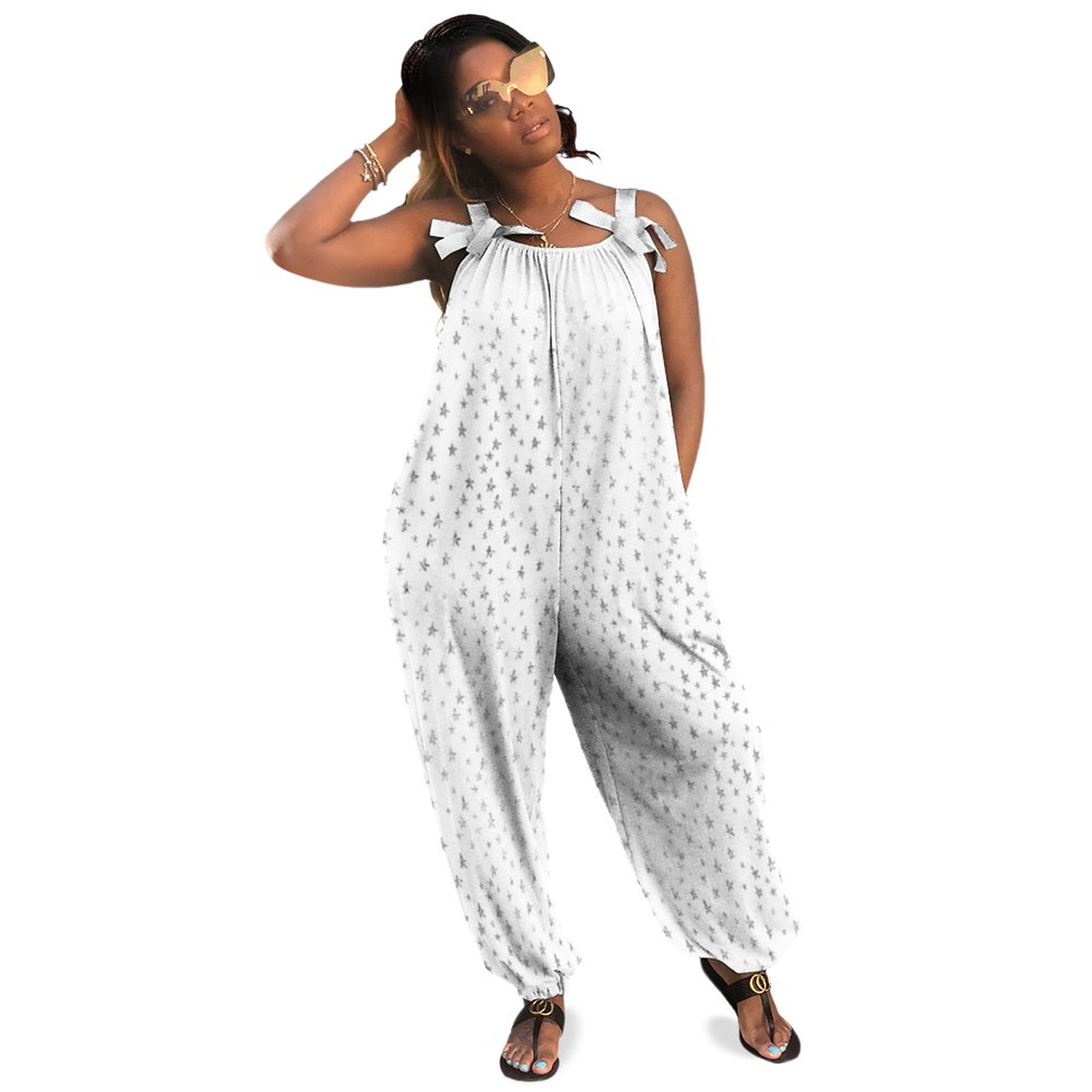 Glitter Silver Small Stars White Delicate Sparkly Boho Vintage Loose Overall Corset Jumpsuit Without Top
