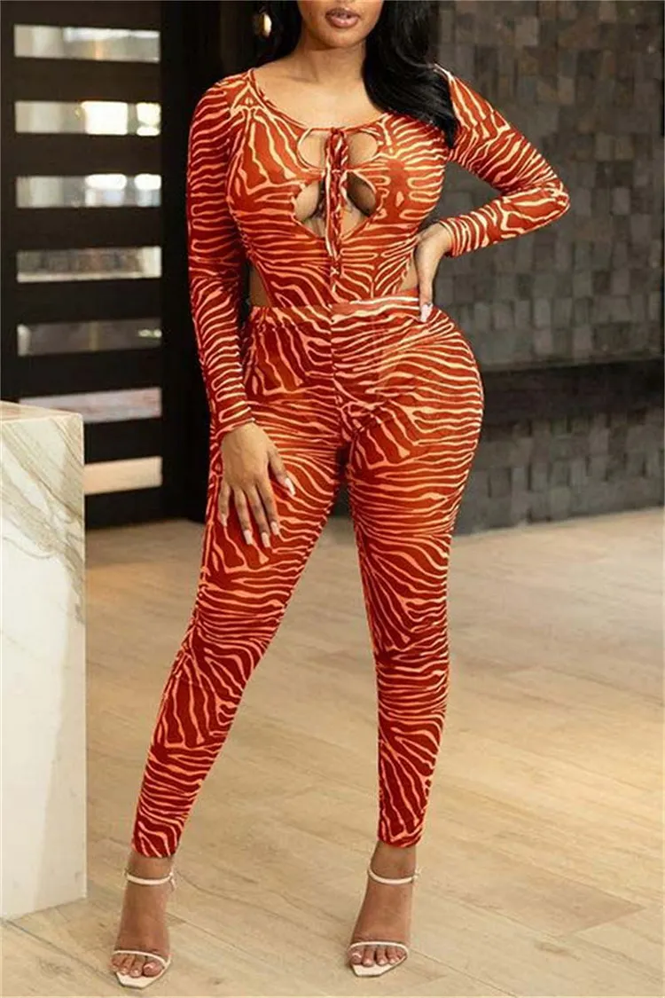 Fashion Sexy Print Bandage Hollowed Out O Neck Long Sleeve Two Pieces
