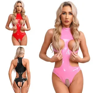 pornhint Pornhint Womens Leotard Latex Bodysuit Back Zipper Catsuit Halter Neck Lingerie Cupless