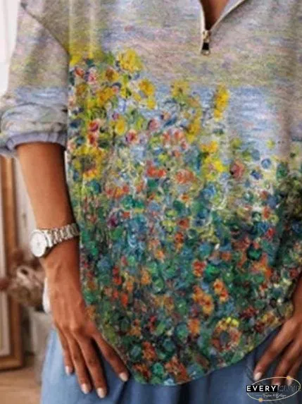 Floral Print Zip V-neck Top