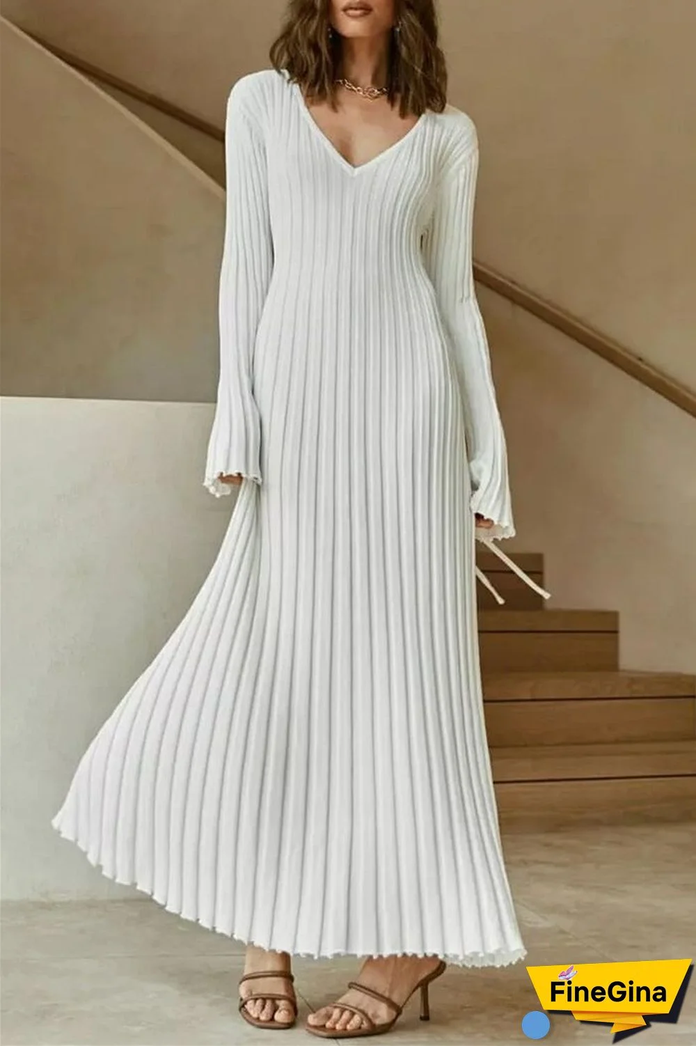 White Casual Solid Patchwork V Neck Long Sleeve Dresses