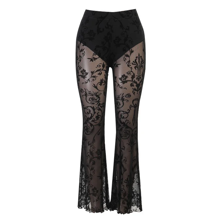 Lace Graphic Print See Through Bell Pants