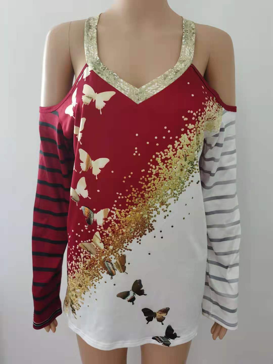 Women's Fashion T-shirt Autumn Print Long Sleeve Off-the-shoulder Tops