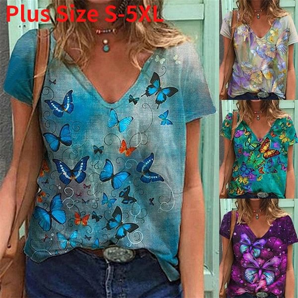 Women Fashion Summer Short Sleeve V-Neck T-shirt Tops Plus Size Loose Butterfly Print Tee Casual Shirts Tops Blouse - Shop Trendy Women's Fashion | TeeYours