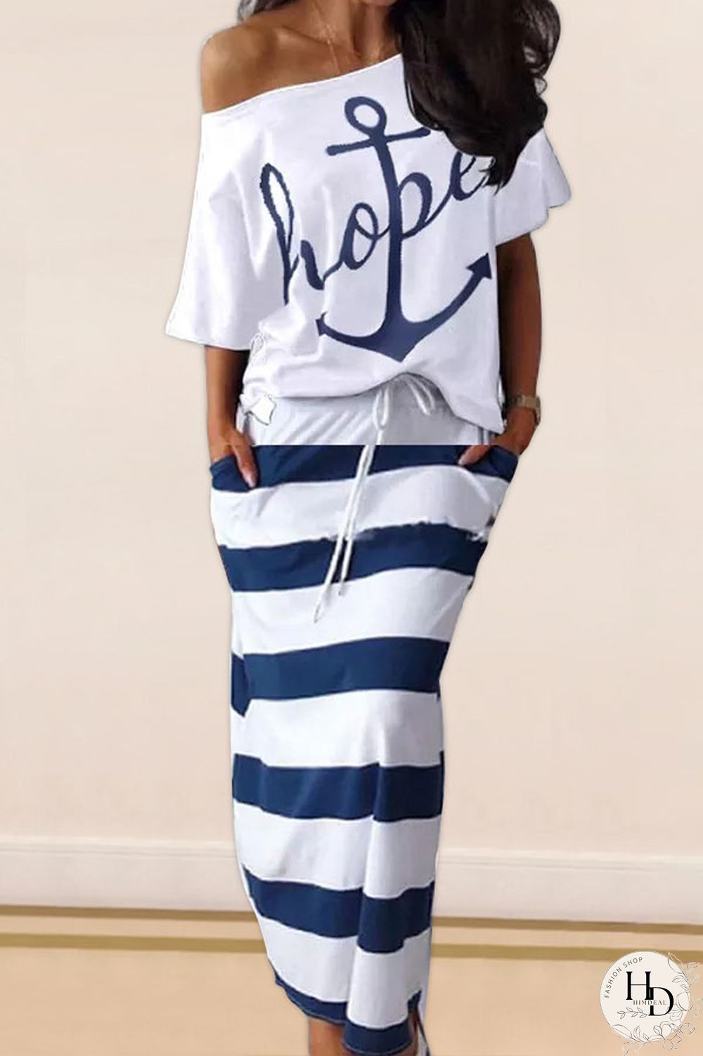 White and blue Polyester England Striped Geometric Letter Print bow-knot pencil Half Sleeve Two Pieces